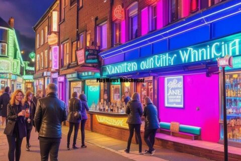 Elite escorts in Manchester walking down a street at night illuminated by neon lights.