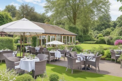 A garden restaurant with elegant tables and chairs.